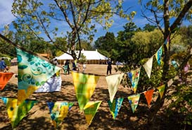 Marquee in grassy setting with bunting