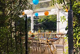 Looking into the long dining marquee