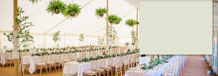 Luxury marquee with hanging foliage baskets
